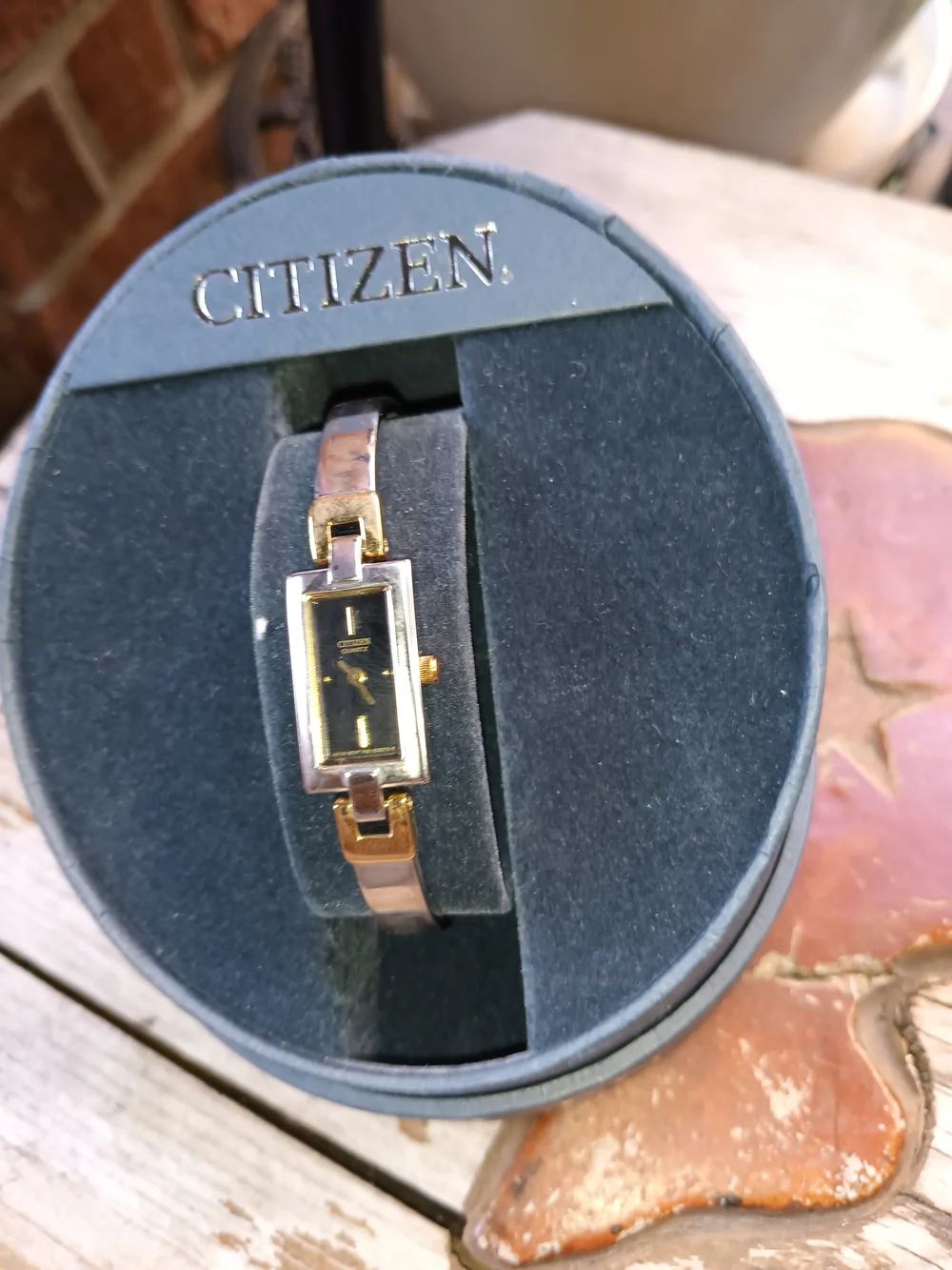 Vintage Citizen Women's Two-Tone Gold and Silver Bracelet Watch with Black Dial